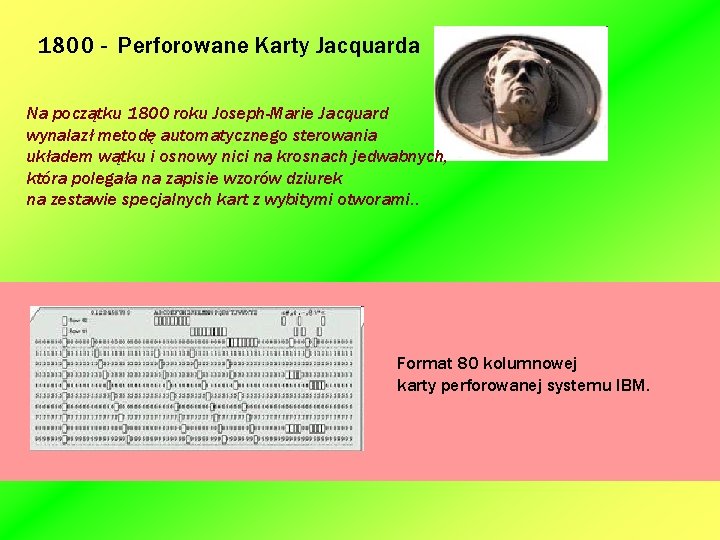 1800 - Perforowane Karty Jacquarda Na początku 1800 roku Joseph-Marie Jacquard wynalazł metodę automatycznego