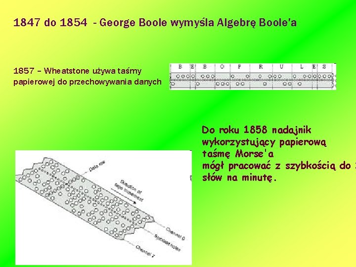 1847 do 1854 - George Boole wymyśla Algebrę Boole'a 1857 – Wheatstone używa taśmy