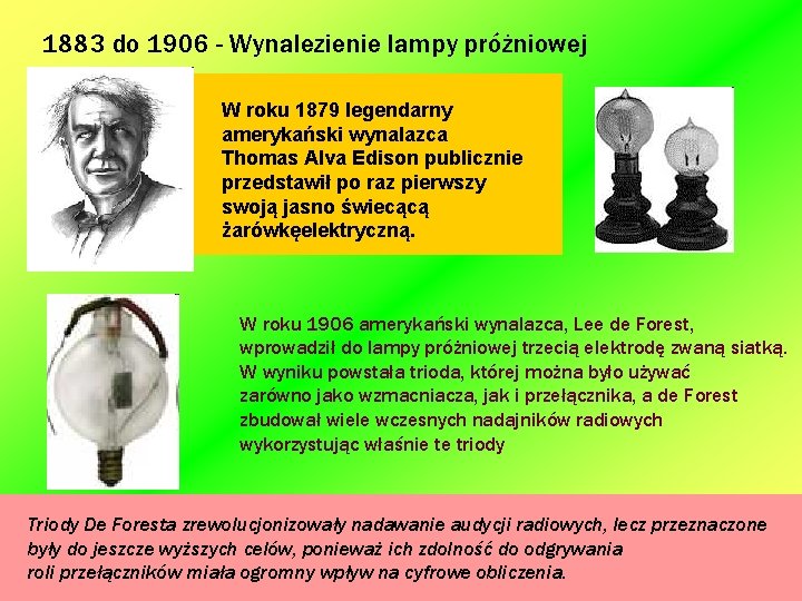 1883 do 1906 - Wynalezienie lampy próżniowej W roku 1879 legendarny amerykański wynalazca Thomas