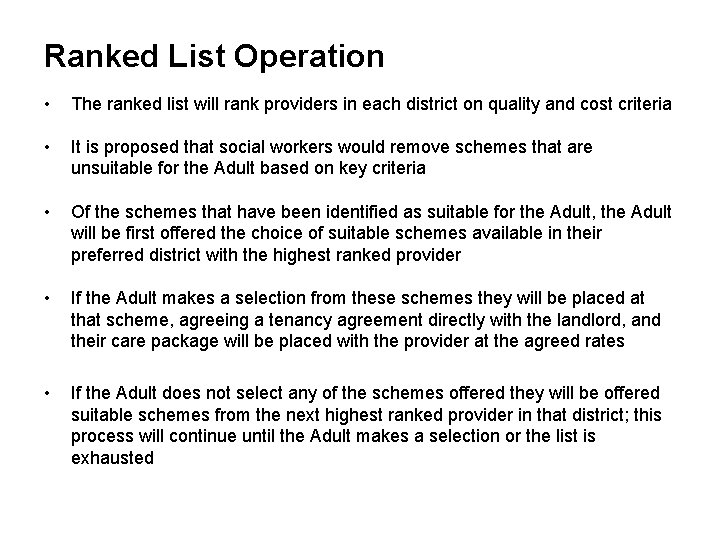Ranked List Operation • The ranked list will rank providers in each district on