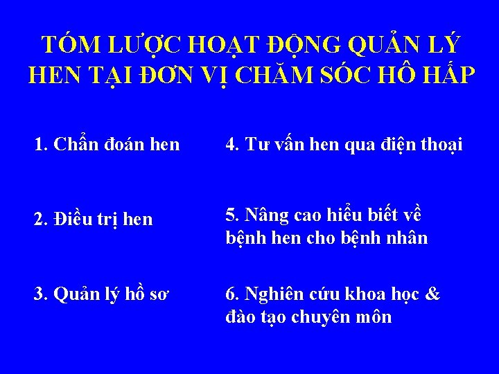 TÓM LƯỢC HOẠT ĐỘNG QUẢN LÝ HEN TẠI ĐƠN VỊ CHĂM SÓC HÔ HẤP