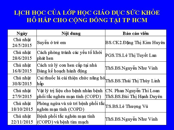LỊCH HỌC CỦA LỚP HỌC GIÁO DỤC SỨC KHỎE HÔ HẤP CHO CỘNG ĐỒNG
