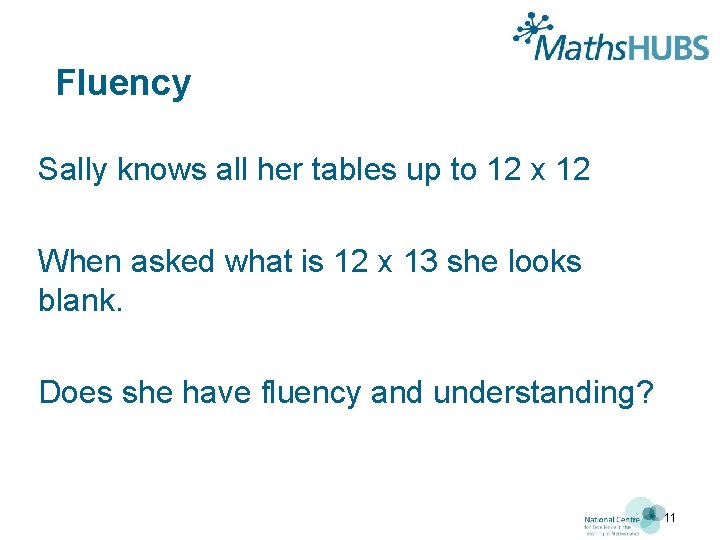 Fluency Sally knows all her tables up to 12 x 12 When asked what