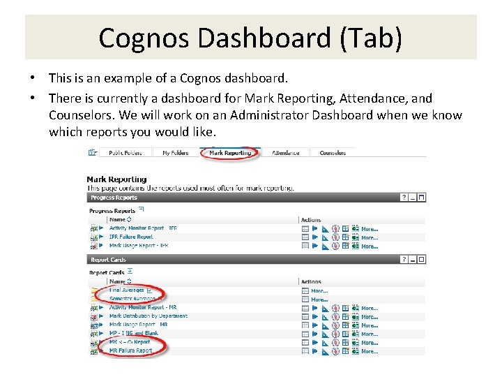 Cognos Dashboard (Tab) • This is an example of a Cognos dashboard. • There