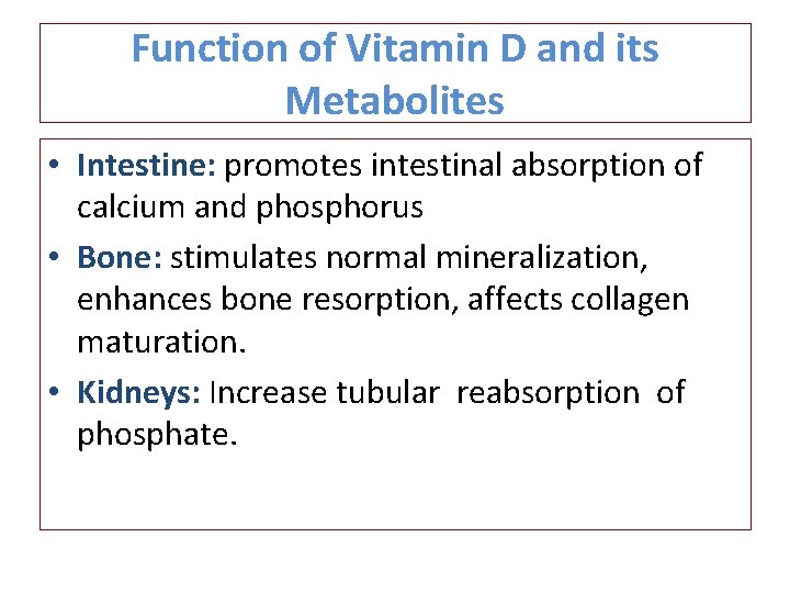 Function of Vitamin D and its Metabolites • Intestine: promotes intestinal absorption of calcium