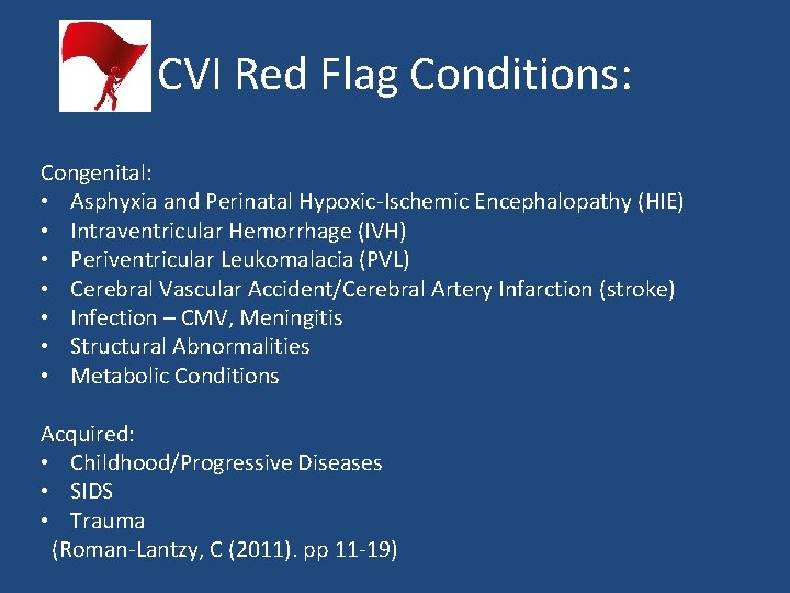 CVI Red Flag Conditions: Congenital: • Asphyxia and Perinatal Hypoxic-Ischemic Encephalopathy (HIE) • Intraventricular