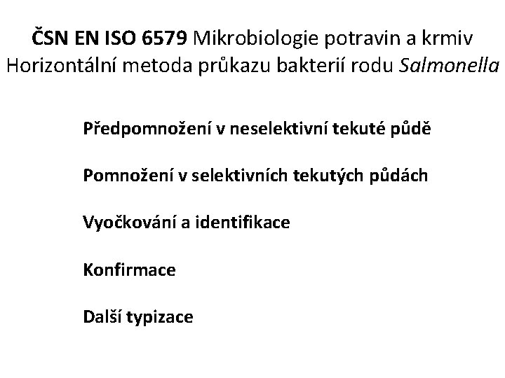 ČSN EN ISO 6579 Mikrobiologie potravin a krmiv Horizontální metoda průkazu bakterií rodu Salmonella