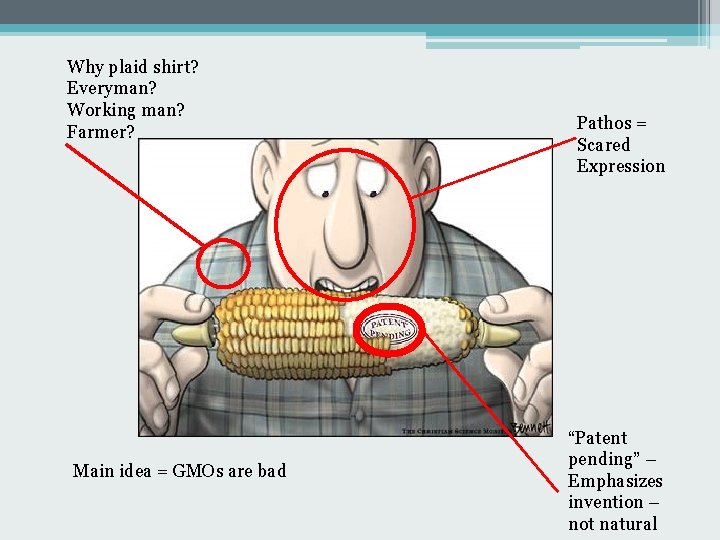 Why plaid shirt? Everyman? Working man? Farmer? Main idea = GMOs are bad Pathos