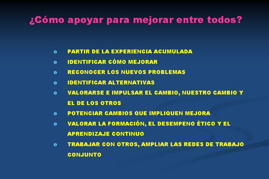 ¿Cómo apoyar para mejorar entre todos? o PARTIR DE LA EXPERIENCIA ACUMULADA o IDENTIFICAR