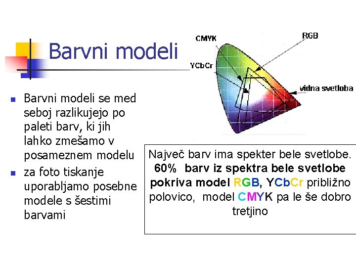 Barvni modeli n n Barvni modeli se med seboj razlikujejo po paleti barv, ki