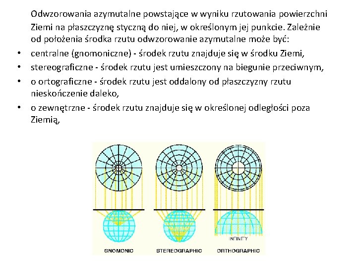  • • Odwzorowania azymutalne powstające w wyniku rzutowania powierzchni Ziemi na płaszczyznę styczną