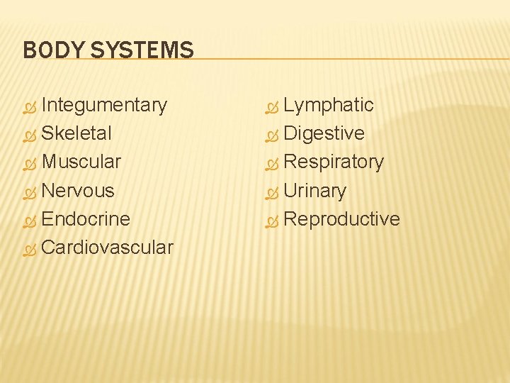 BODY SYSTEMS Integumentary Skeletal Muscular Nervous Endocrine Cardiovascular Lymphatic Digestive Respiratory Urinary Reproductive 