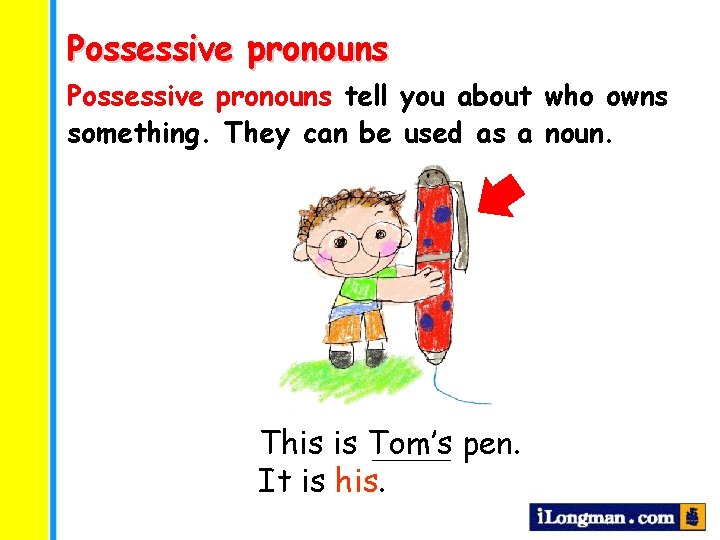 Possessive pronouns tell you about who owns something. They can be used as a