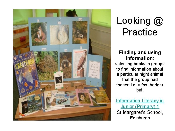 Looking @ Practice Finding and using information: selecting books in groups to find information Looking @ Practice Finding and using information: selecting books in groups to find information