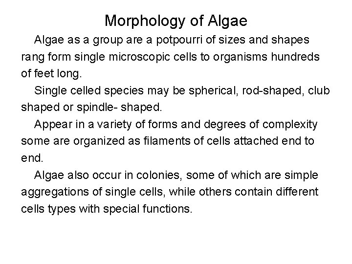 Morphology of Algae as a group are a potpourri of sizes and shapes rang