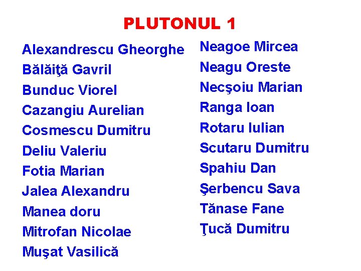 PLUTONUL 1 Alexandrescu Gheorghe Bălăiţă Gavril Bunduc Viorel Cazangiu Aurelian Cosmescu Dumitru Deliu Valeriu