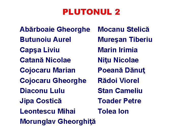 PLUTONUL 2 Abărboaie Gheorghe Mocanu Stelică Butunoiu Aurel Mureşan Tiberiu Capşa Liviu Marin Irimia