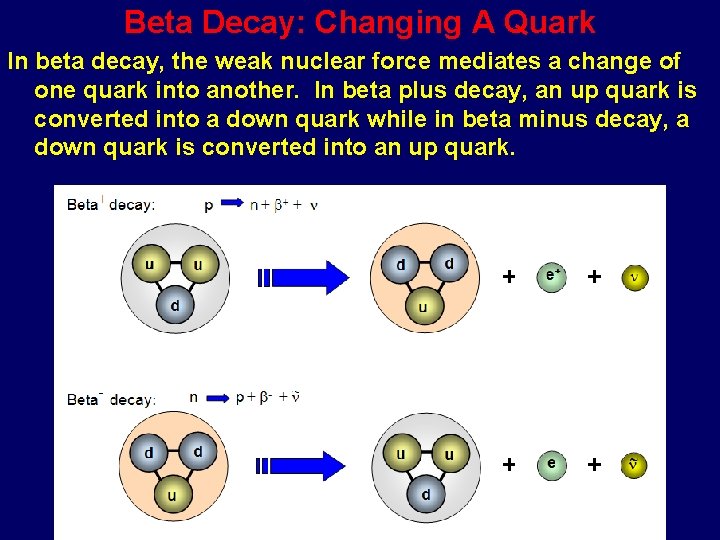 Beta Decay: Changing A Quark In beta decay, the weak nuclear force mediates a