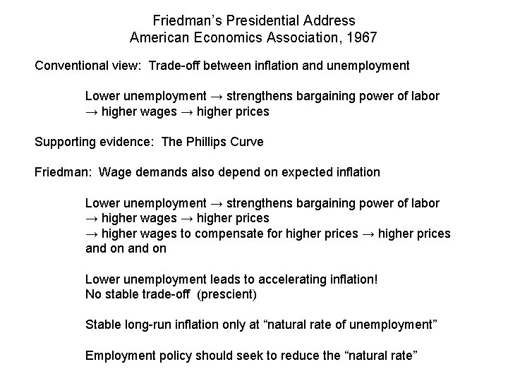 Friedman’s Presidential Address American Economics Association, 1967 Conventional view: Trade-off between inflation and unemployment