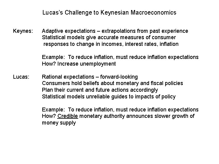 Lucas’s Challenge to Keynesian Macroeconomics Keynes: Adaptive expectations – extrapolations from past experience Statistical