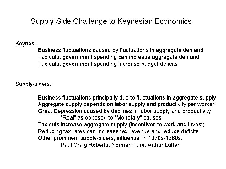 Supply-Side Challenge to Keynesian Economics Keynes: Business fluctuations caused by fluctuations in aggregate demand