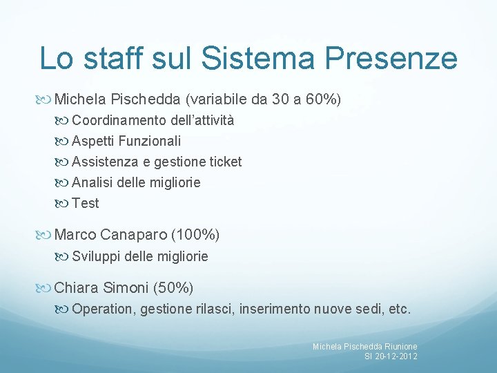 Lo staff sul Sistema Presenze Michela Pischedda (variabile da 30 a 60%) Coordinamento dell’attività