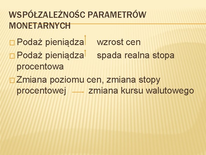 WSPÓŁZALEŻNOŚC PARAMETRÓW MONETARNYCH � Podaż pieniądza wzrost cen � Podaż pieniądza spada realna stopa