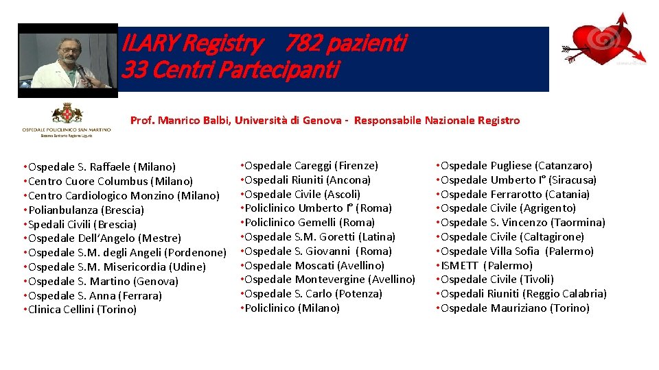 ILARY Registry 782 pazienti 33 Centri Partecipanti Prof. Manrico Balbi, Università di Genova -