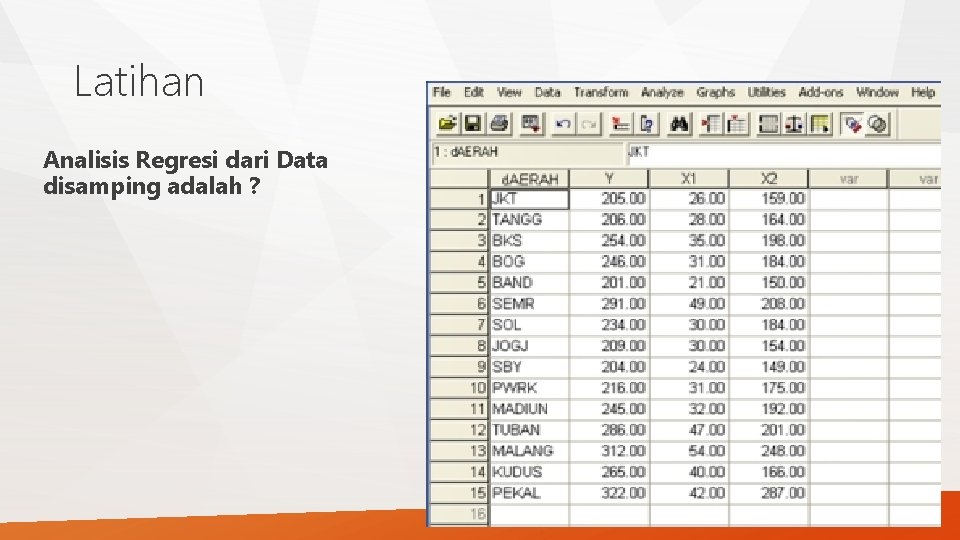 Latihan Analisis Regresi dari Data disamping adalah ? Latihan Analisis Regresi dari Data disamping adalah ?