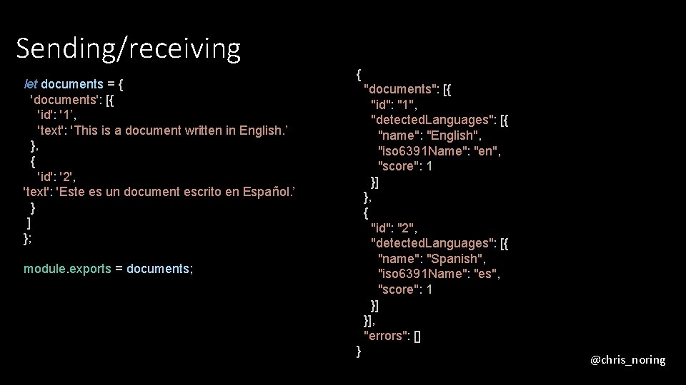 Sending/receiving let documents = { 'documents': [{ 'id': '1’, 'text': 'This is a document