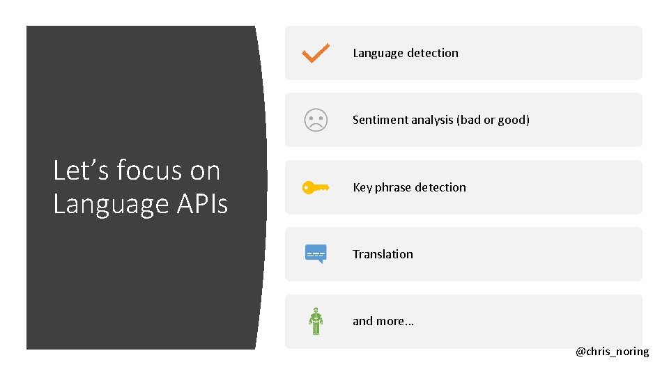 Language detection Sentiment analysis (bad or good) Let’s focus on Language APIs Key phrase