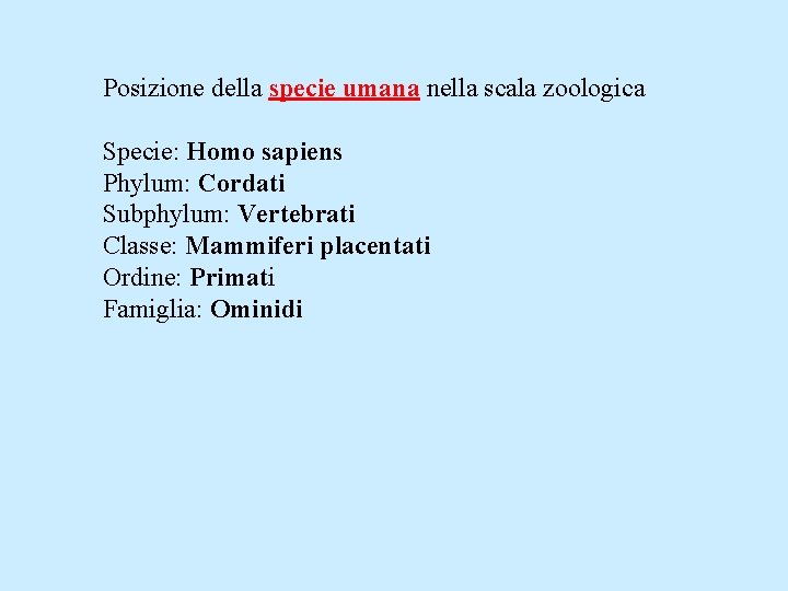 Posizione della specie umana nella scala zoologica Specie: Homo sapiens Phylum: Cordati Subphylum: Vertebrati