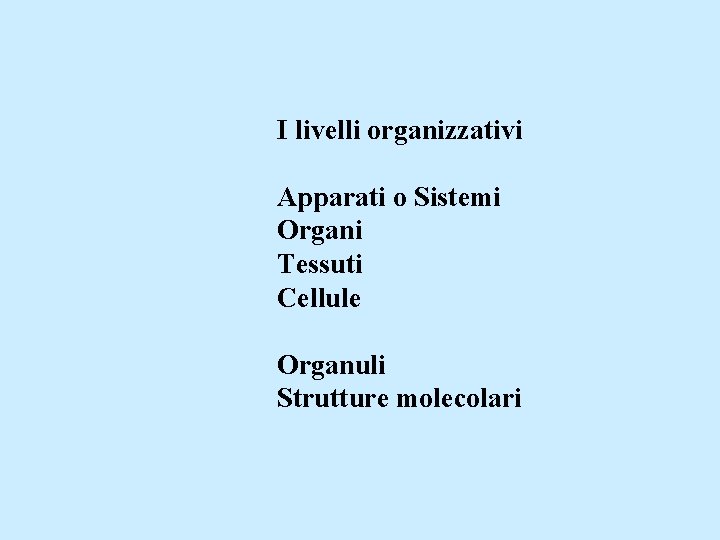 I livelli organizzativi Apparati o Sistemi Organi Tessuti Cellule Organuli Strutture molecolari 