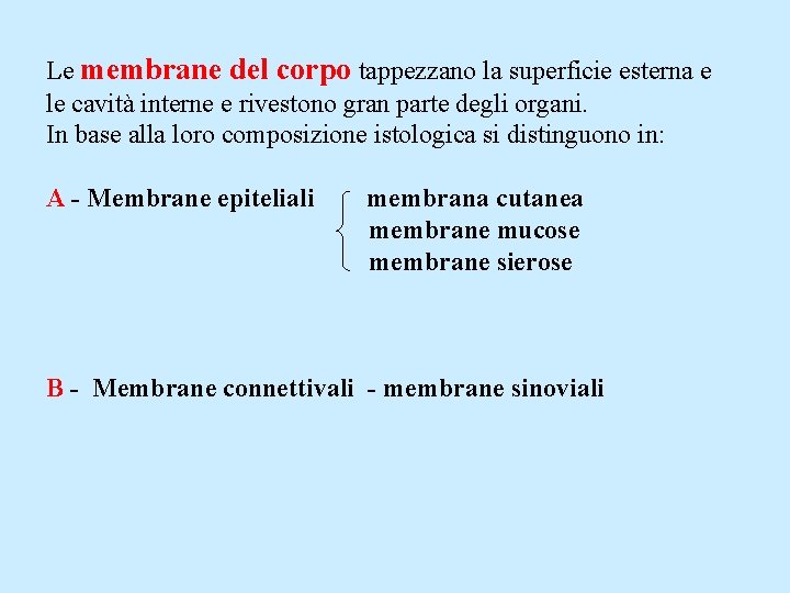 Le membrane del corpo tappezzano la superficie esterna e le cavità interne e rivestono