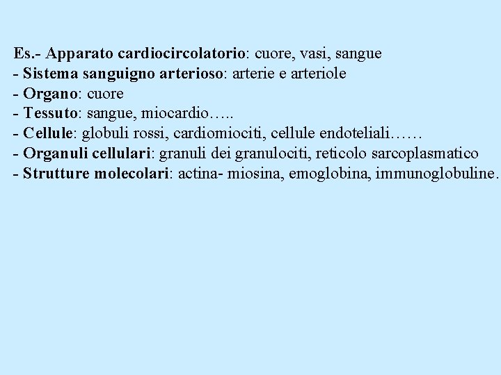 Es. - Apparato cardiocircolatorio: cuore, vasi, sangue - Sistema sanguigno arterioso: arterie e arteriole