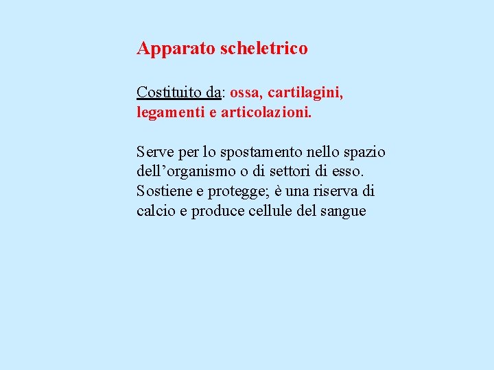 Apparato scheletrico Costituito da: ossa, cartilagini, legamenti e articolazioni. Serve per lo spostamento nello