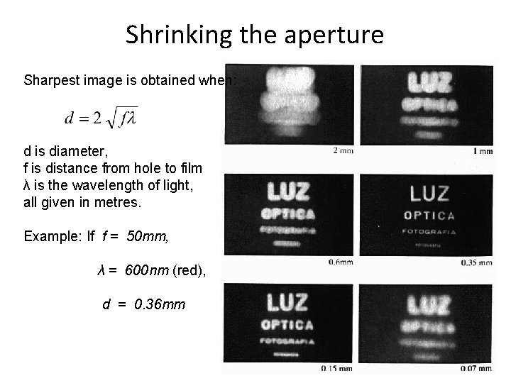 Shrinking the aperture Sharpest image is obtained when: d is diameter, f is distance