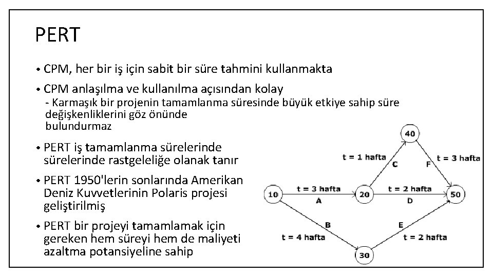 PERT • CPM, her bir iş için sabit bir süre tahmini kullanmakta • CPM