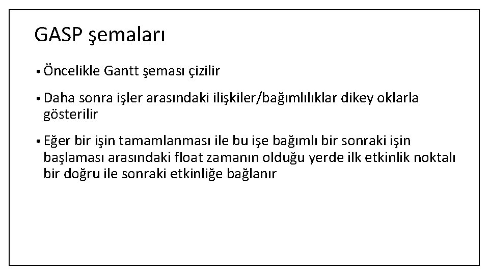 GASP şemaları • Öncelikle Gantt şeması çizilir • Daha sonra işler arasındaki ilişkiler/bağımlılıklar dikey