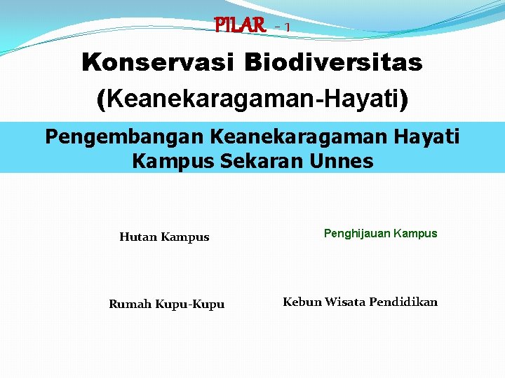 PILAR - 1 Konservasi Biodiversitas (Keanekaragaman-Hayati) Pengembangan Keanekaragaman Hayati Kampus Sekaran Unnes Hutan Kampus