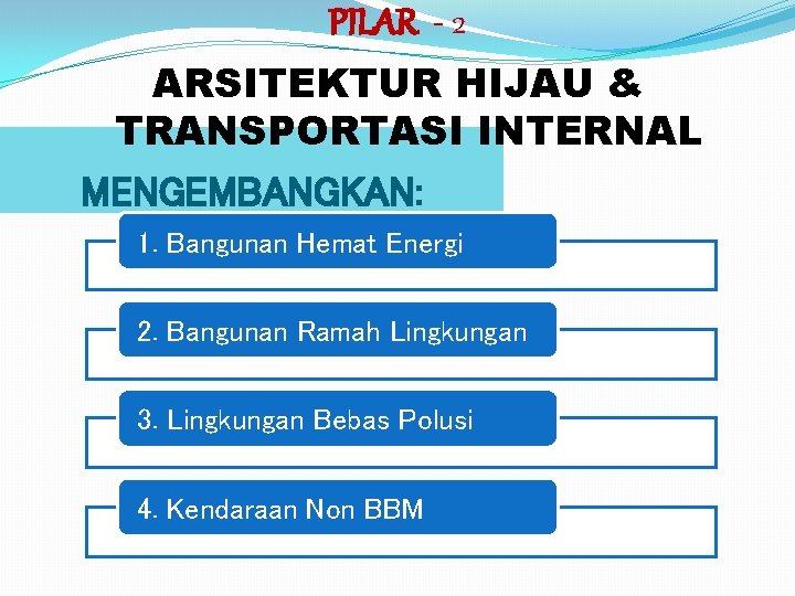 PILAR - 2 ARSITEKTUR HIJAU & TRANSPORTASI INTERNAL MENGEMBANGKAN: 1. Bangunan Hemat Energi 2.