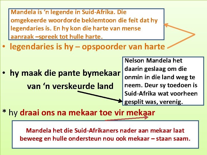 Mandela is ‘n legende in Suid-Afrika. Die omgekeerde woordorde beklemtoon die feit dat hy