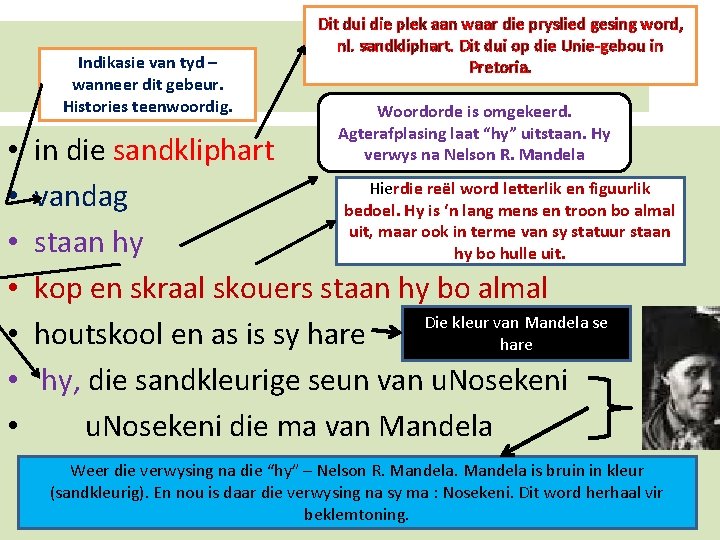 Indikasie van tyd – wanneer dit gebeur. Histories teenwoordig. • • Dit dui die