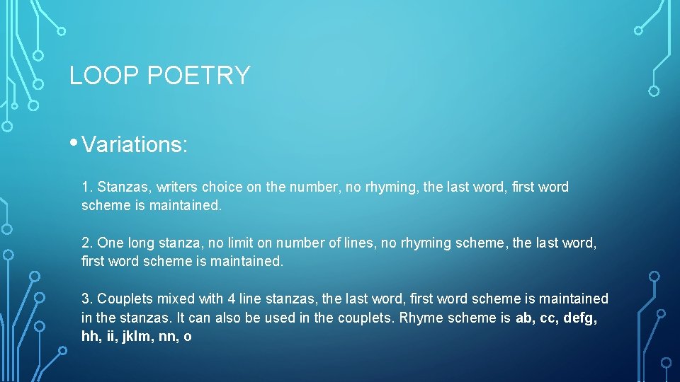 LOOP POETRY • Variations: 1. Stanzas, writers choice on the number, no rhyming, the