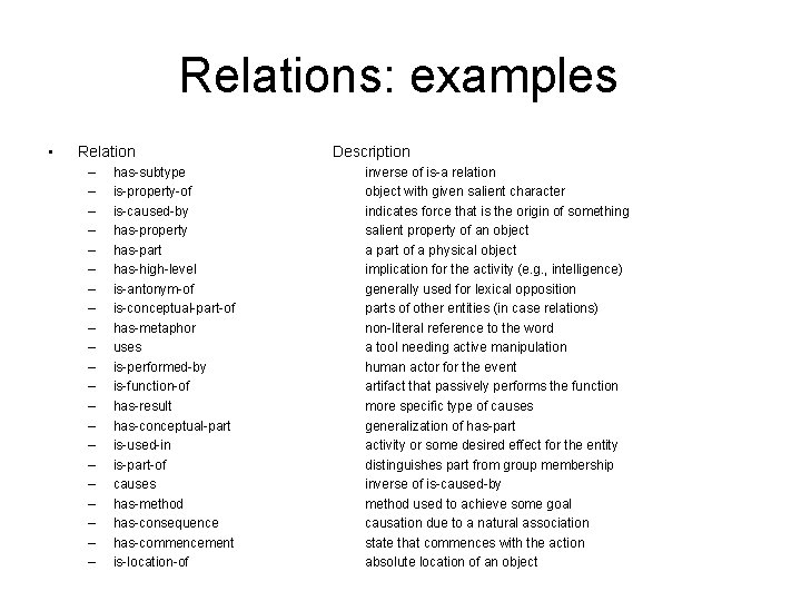 Relations: examples • Relation – – – – – – has-subtype is-property-of is-caused-by has-property