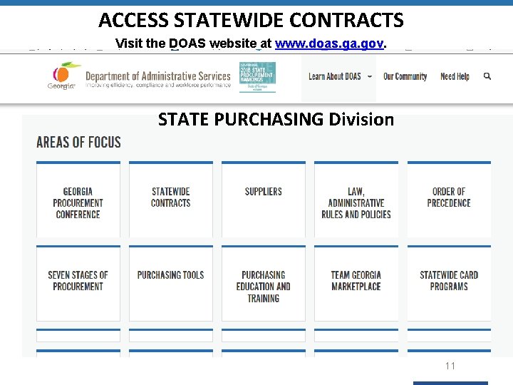 ACCESS STATEWIDE CONTRACTS Visit the DOAS website at www. doas. ga. gov. STATE PURCHASING