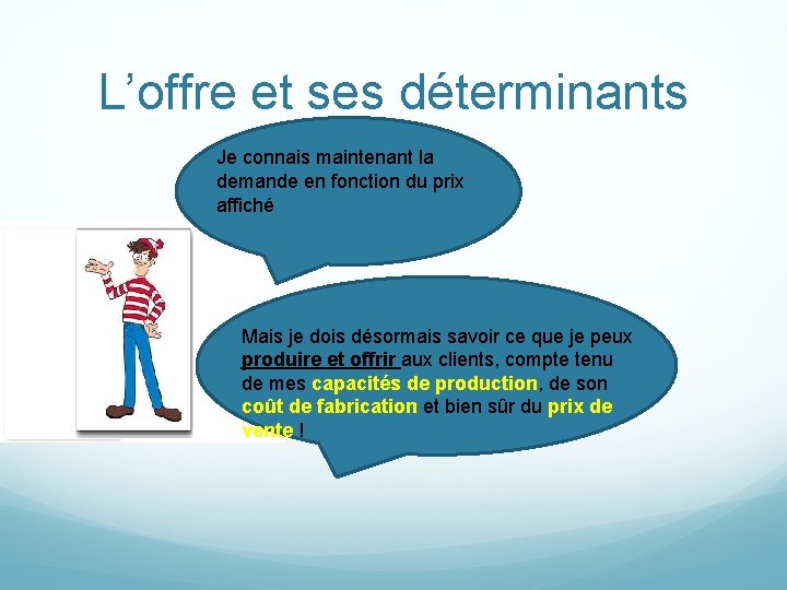 L’offre et ses déterminants Je connais maintenant la demande en fonction du prix affiché L’offre et ses déterminants Je connais maintenant la demande en fonction du prix affiché