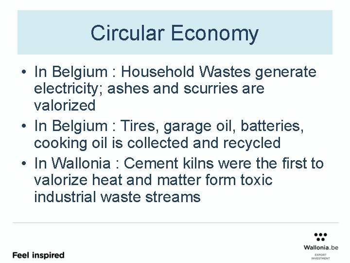 Circular Economy • In Belgium : Household Wastes generate electricity; ashes and scurries are