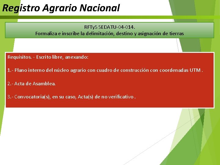 Registro Agrario Nacional RFTy. S SEDATU-04 -014. Formaliza e inscribe la delimitación, destino y