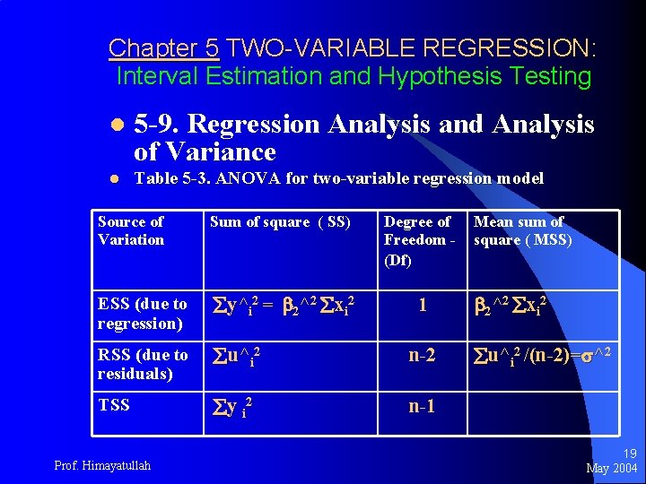 Chapter 5 TWO-VARIABLE REGRESSION: Interval Estimation and Hypothesis Testing l 5 -9. Regression Analysis